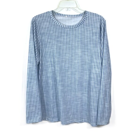 Boutique Tops - Long Sleeve Casual Striped Knit Top Blue White XL